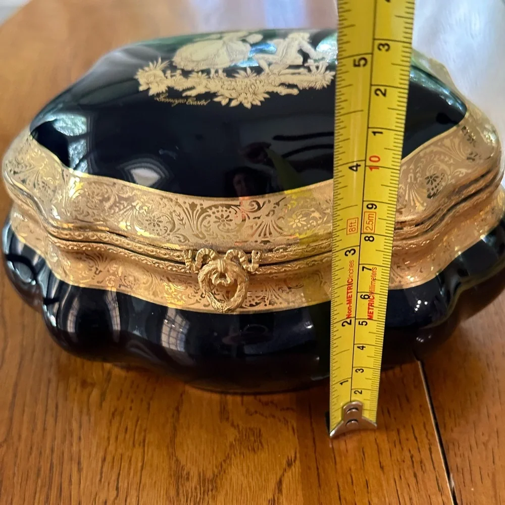 Gorgeous Limoges Cobalt Blue 22K Gold Trinket Box Hinged Lid Courting Couple
